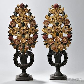 Pair of Polychrome and Giltwood Floral Bouquets with Urns
