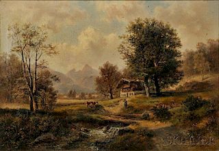 Continental School, 19th Century      Landscape with Shepherdess by an Alpine Cabin