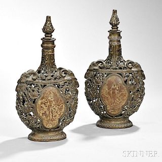 Pair of Bronze Reticulated Flasks