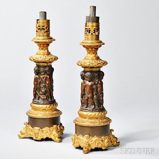 Pair of Gilt-bronze and Patinated Bronze Cherub Lamps