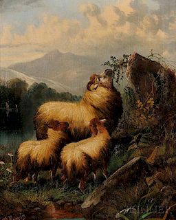John W. Morris (British, 1865-1924)      Three Sheep in a Highland Landscape