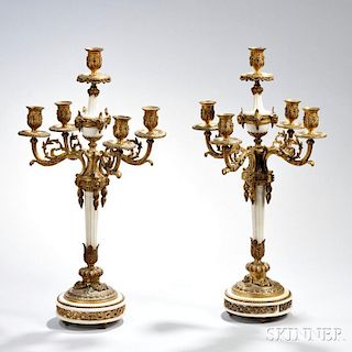 Pair of White Marble and Gilt-bronze Five-light Candelabra