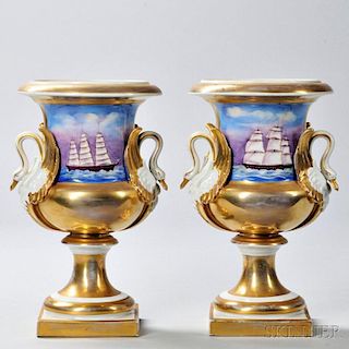 Pair of Limoges Porcelain Urns with Swan Handles