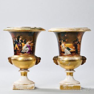 Pair of Limoges Porcelain Urns with Interior Scene