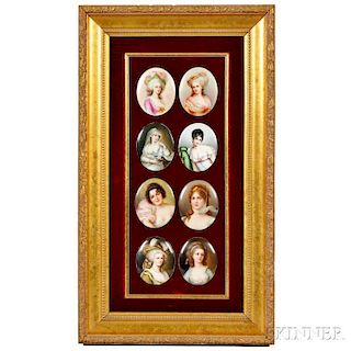 Framed Collection of Eight Hand-painted Portraits on Porcelain