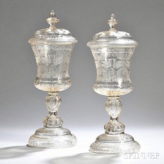Pair of Etched Bohemian Glass Cups with Covers