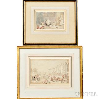 Attributed to Thomas Rolandson (British, 1756-1857)      Two Framed Works on Paper: Coaches and Crowds Near a Tavern