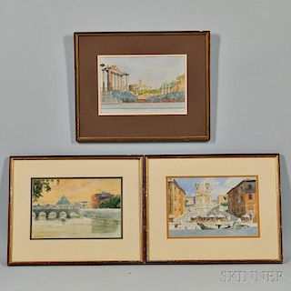Three Framed Watercolors:      Anna Sofia Palm de Rosa (Swedish, 1859-1924),   The Spanish Steps