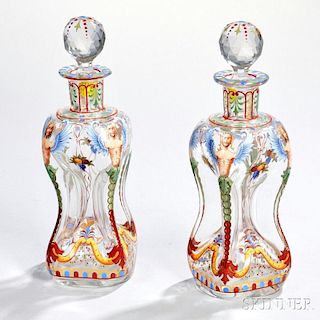 Pair of Bohemian Hand-painted Glass Decanters