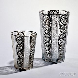 Two Art Deco-style Silver Overlay Glass Vases