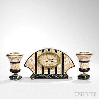 Three-piece Marble and Bronze Clock Garniture