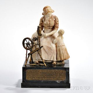 German School, Late 19th/Early 20th Century       Alabaster Sculpture of a Woman and Child with a Spinning Wheel
