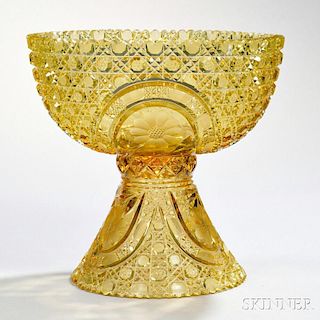 American Brilliant-cut Yellow Glass Punchbowl on Stand
