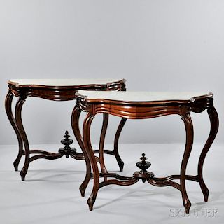 Pair of French Louis XV-style Marble-top Rosewood Console Tables
