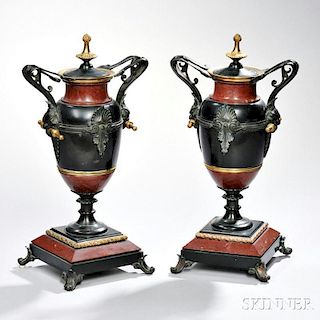 Pair of Neoclassical-style Rouge Marble and Patinated Bronze Urns