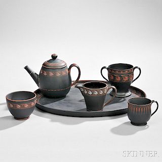 Six Wedgwood Encaustic Decorated Black Basalt Tea Wares