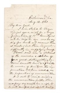 DAVIS, JEFFERSON. ALS ("Jefferson Davis"), 1.5 pgs, Richmond, VA, Aug. 13, 1861. Regarding artillery and ammunition supplies to