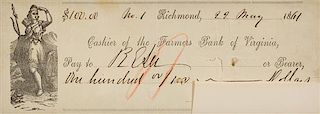 LEE, ROBERT E. Autographed check written to himself for $100, signed ("RE Lee"), Richmond, VA, May 22, 1861.