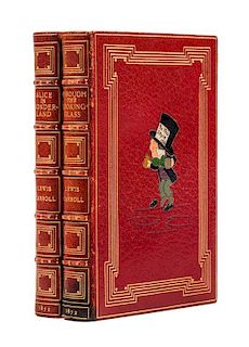 (BAYNTUN) CARROLL, LEWIS.  Alice's Adventures... [and] Through the Looking-Glass. London, 1872. 2 v. Mixed eds. 1st issue of "Lo