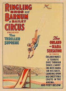 (CIRCUS) Ringling Bros and Barnum & Bailey Circus Presents The Thriller Supreme. The Orland-Mara Sensation. [ca. 1931] Color lit