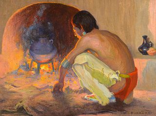 Eanger Irving Couse (1866-1936); Pueblo Fireplace (circa 1922)