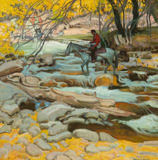 E. Martin Hennings (1886-1956); Indians Crossing a Stream, Taos, New Mexico