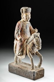19th C. Chinese Carved Wood Equestrian Figure