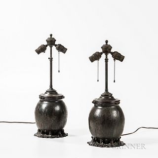 Attributed to Tiffany Pair of Swamp Flower Bronze Table Lamp Bases