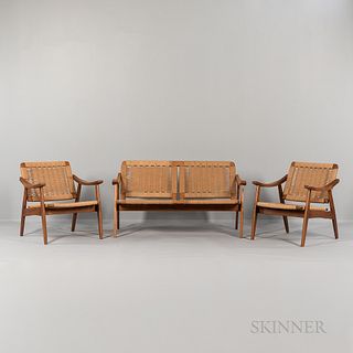 Wegner-style Corded Settee and Two Armchairs