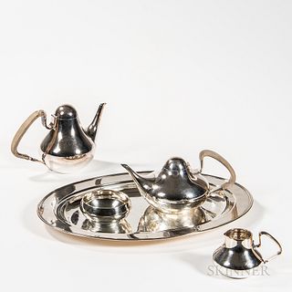 Four-piece Henning Koppel (Danish, 1918-1981) for Georg Jensen Tea and Coffee Set with a Tiffany & Co. Tray