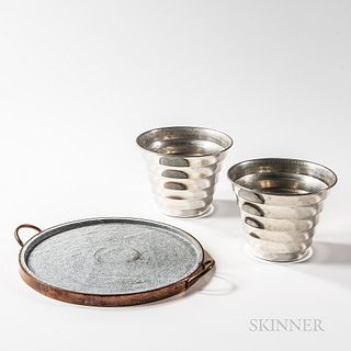 Two Svenskt Tenn "Pot Wavy" Pewter Pots and a Copper-clad Handled Stoneware Tray