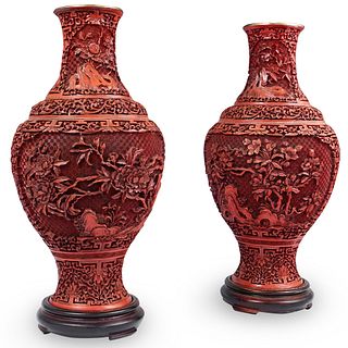 Pair of Carved Chinese Cinnabar Vases