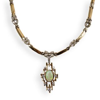 14K Gold Diamond & Opal Necklace