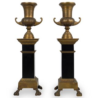 Pair of Bronze Pedestal Urns