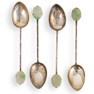 (4 Pc) Chinese Silver & Jade Spoons