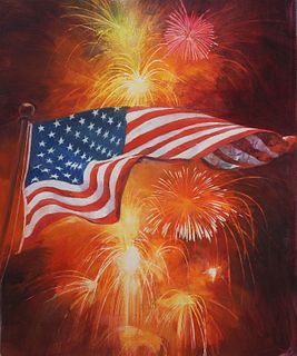 Dennis Lyall (B. 1946) "US Flag with Fireworks"