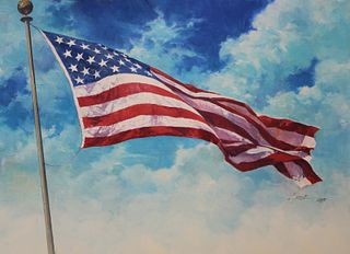 Dennis Lyall (B. 1946) "US Flag in Clouds"