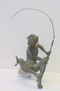Unsigned Bronze Of A Boy Fishing.
