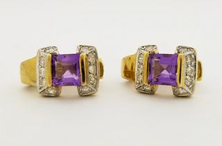 14K Gold Diamond & Amethyst Earrings