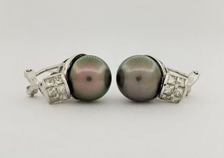 18K WG Tahitian Pearl & Diamond Earrings
