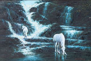 H. Cheang (B. 1931) "Horses by a Waterfall"