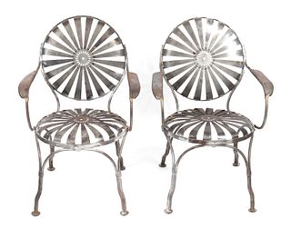 Francois Carre Steel "Sunburst" Arm Chairs, Pair