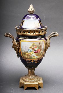 Sevres-Type Bronze Mounted Porcelain Mantel Urn