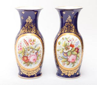 Continental Hand-Painted Porcelain Vase, Pair