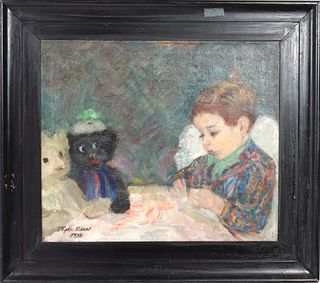 Illegibly Signed "Child with Teddy Bears" Oil