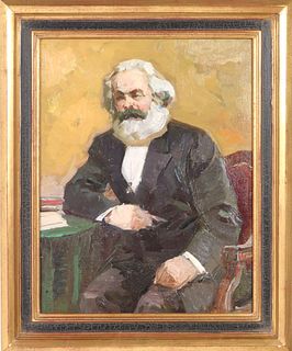 20th C. "Portrait of Karl Marx" Oil on Canvas