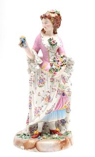 Continental Porcelain Large Woman w Flowers Figure