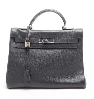 Hermes Style "Kelly" Black Leather Handbag