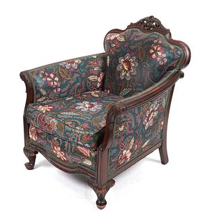 Victorian Carved Wood & Upholstered Club Chair