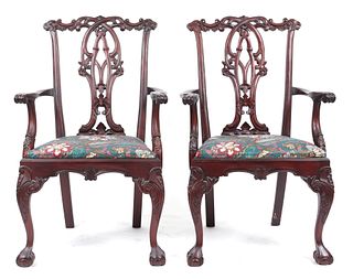 Chippendale Style Upholstered Arm Chairs, Pair
